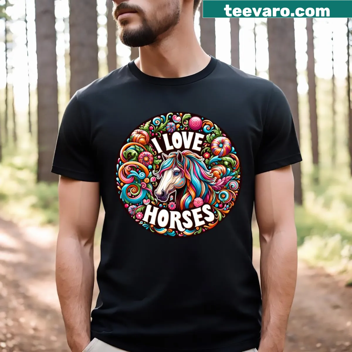 T-shirt with the phrase 'I Love Horses' in bold text. — on a men's t-shirt