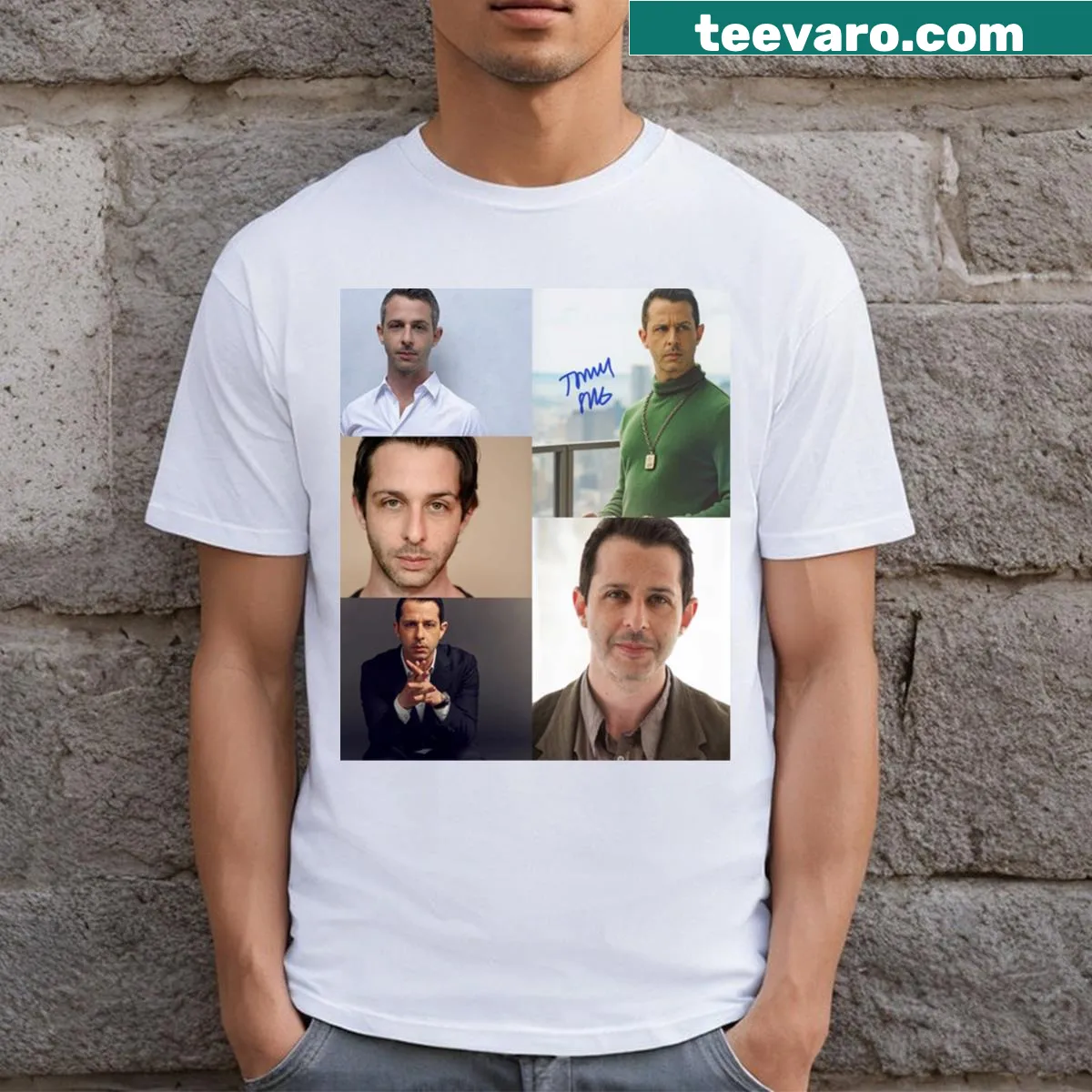 Collage t-shirt featuring images of Jeremy Strong. — on a men's t-shirt