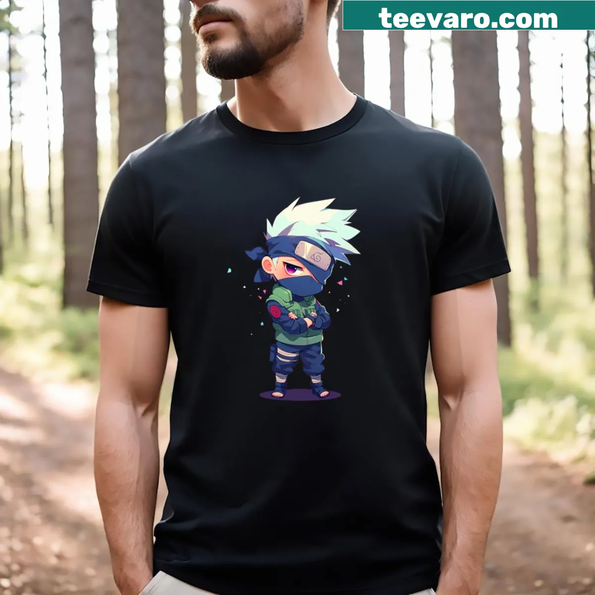 Kakashi-themed t-shirt featuring unique anime-inspired design. — on a men's t-shirt