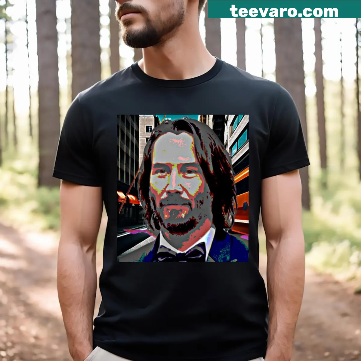 Retro pop art portrait of Keanu Reeves on a T-shirt — on a men's t-shirt