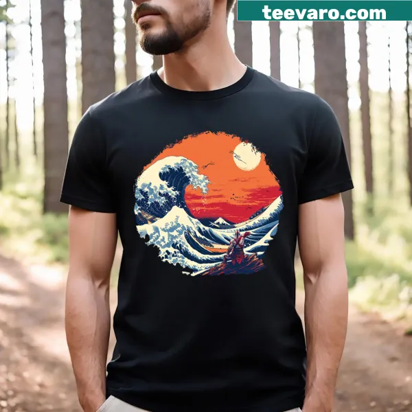 Kratos at a big wave illustrated on a T-shirt