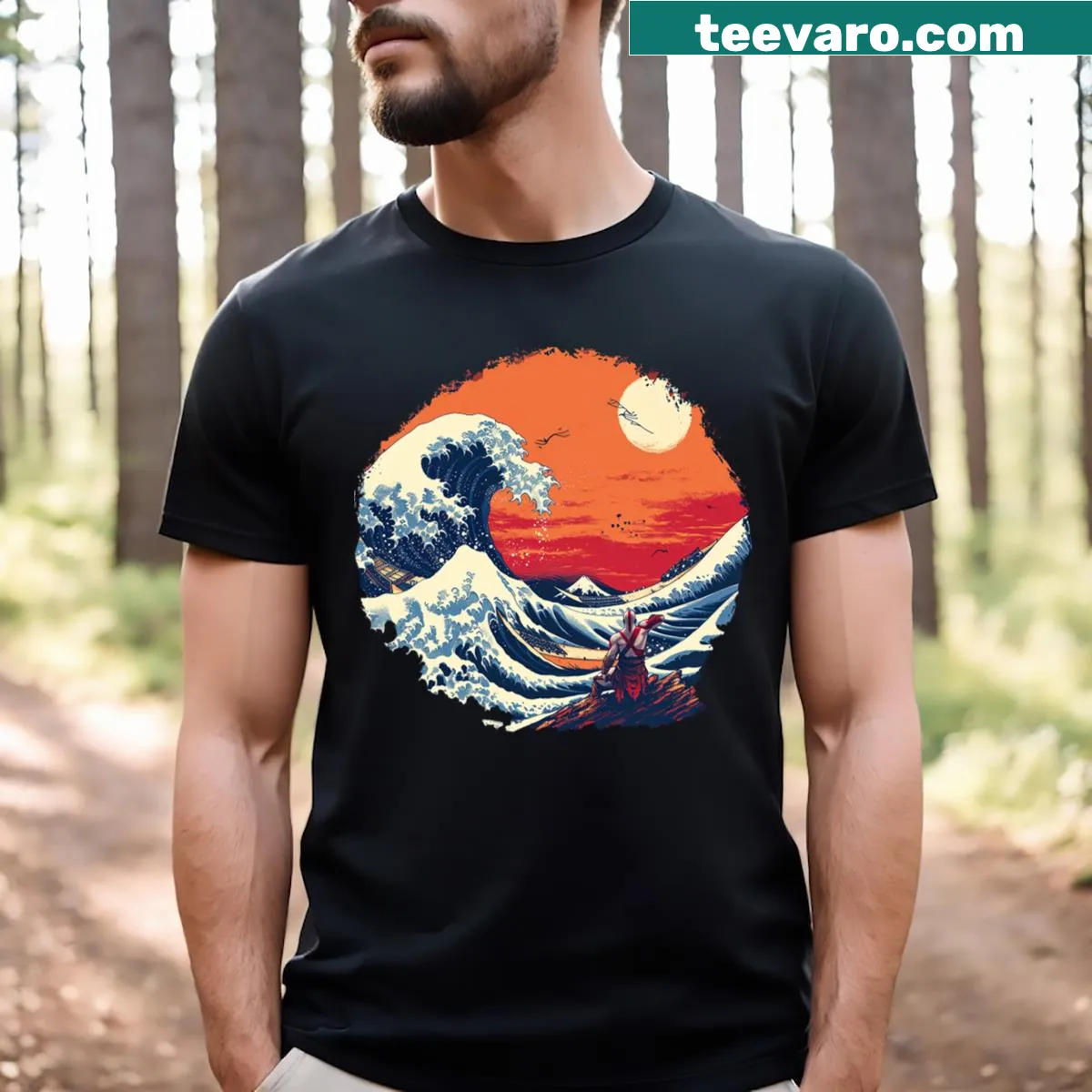 Kratos at a big wave illustrated on a T-shirt — on a men's t-shirt
