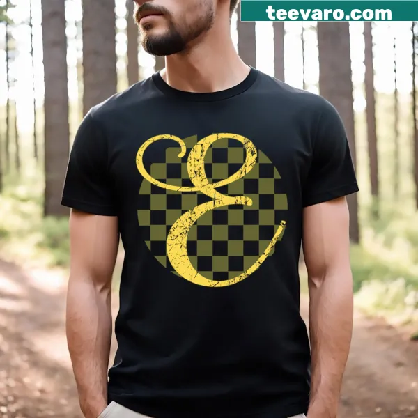 Bold checkered letter E design on a t-shirt