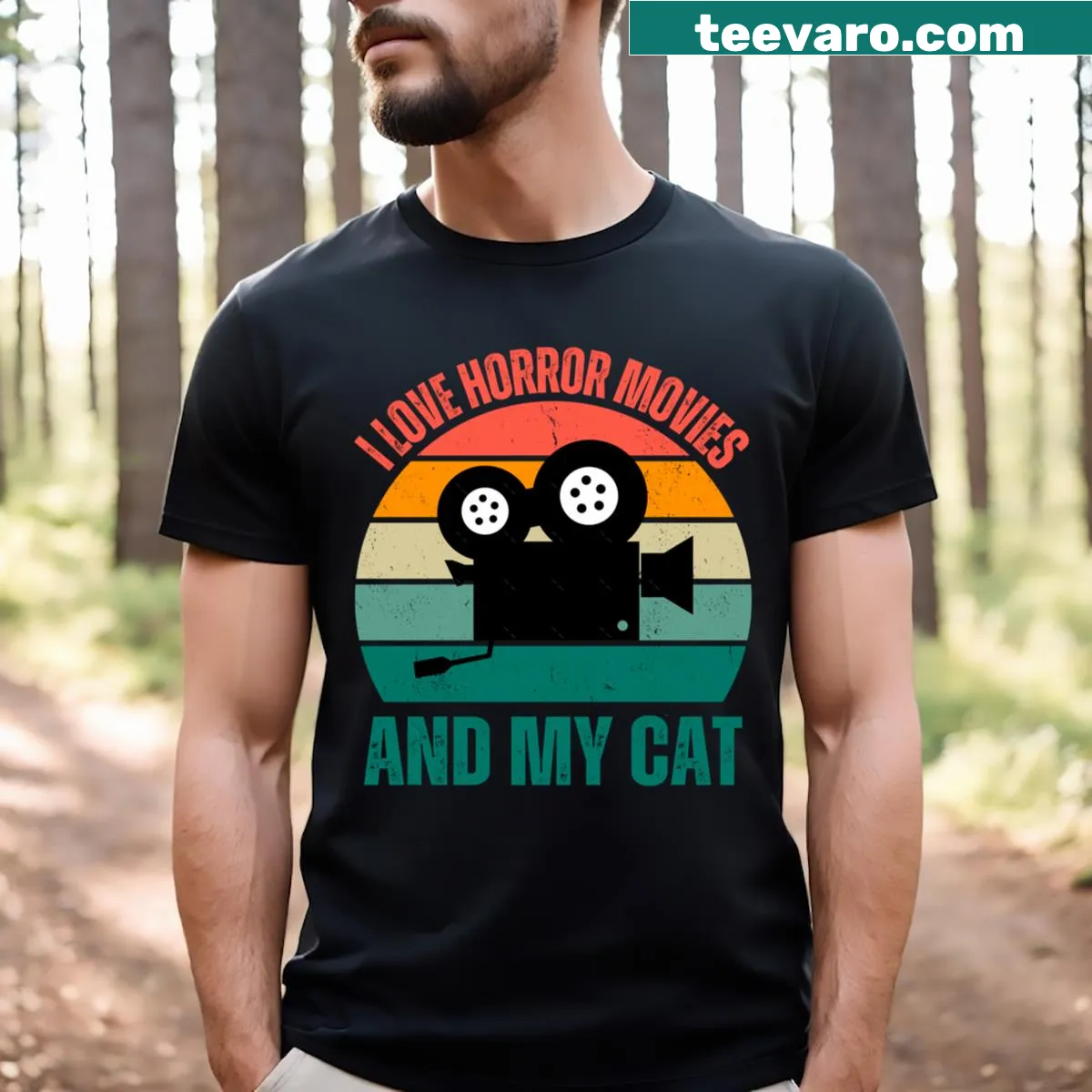 Horror-themed shirt with cat motifs and movie elements — on a men's t-shirt