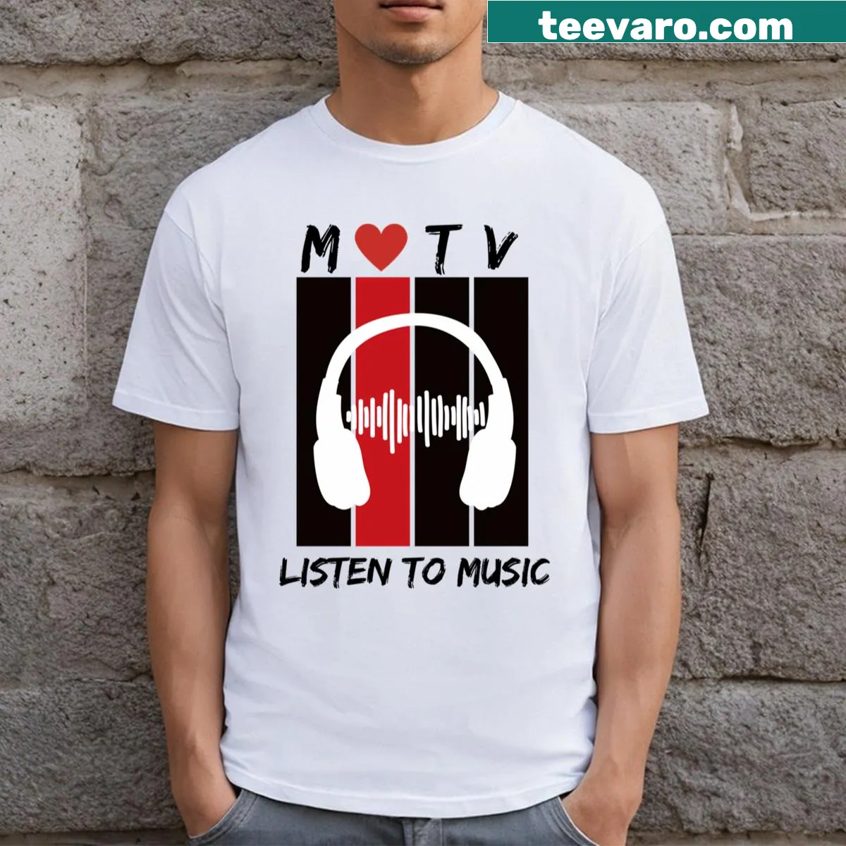 Humorous M Tv T-shirt featuring a retro television and music notes — on a men's t-shirt