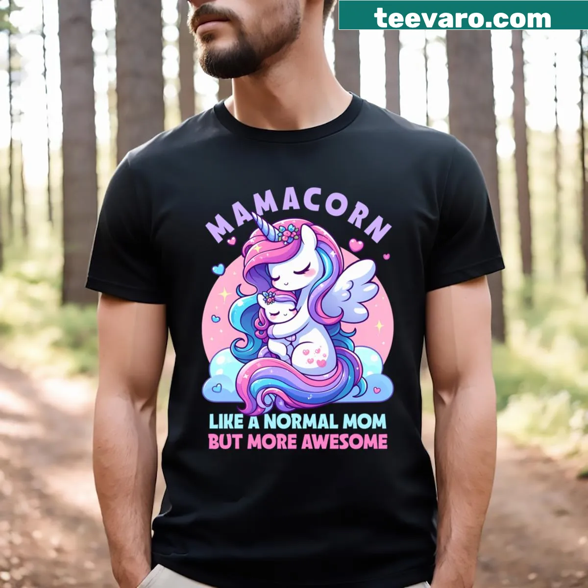 Funny t-shirt for moms featuring a unicorn and playful saying — on a men's t-shirt