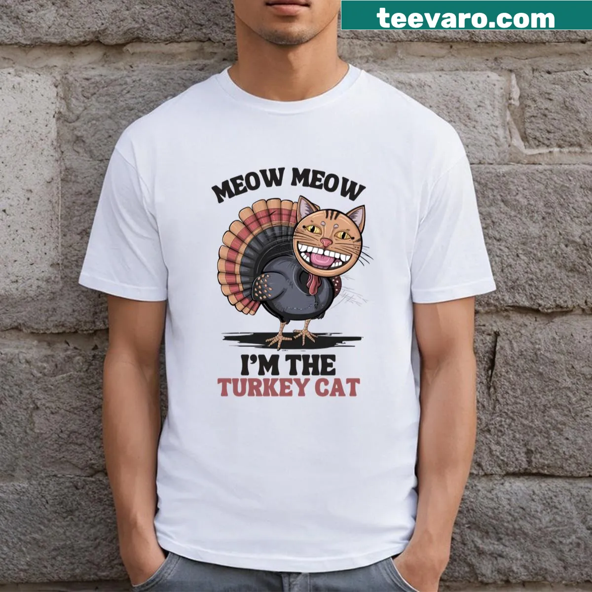 Funny Thanksgiving cat graphic t-shirt with turkey theme — on a men's t-shirt