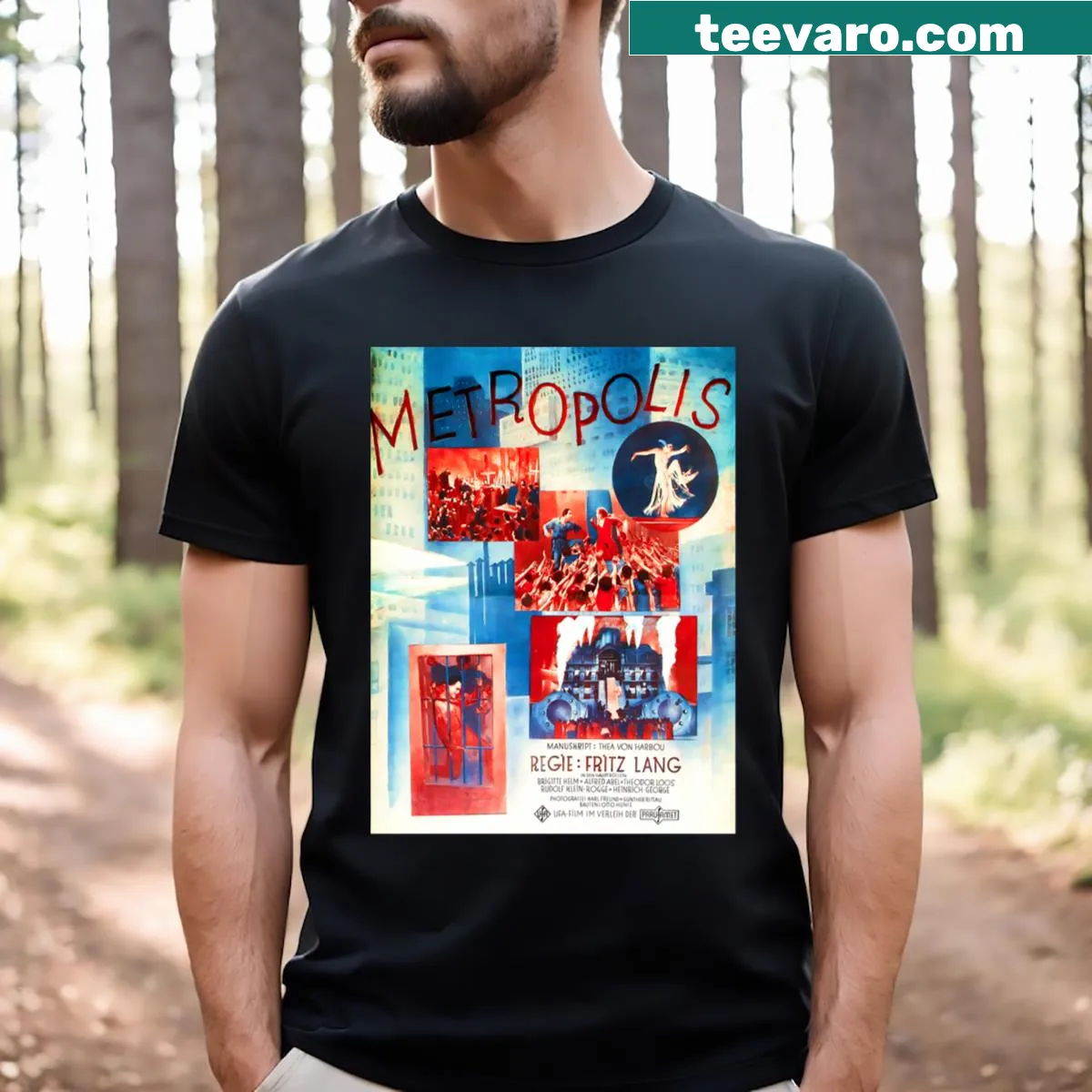 Vintage-style t-shirt featuring the 1927 Metropolis movie poster design — on a men's t-shirt