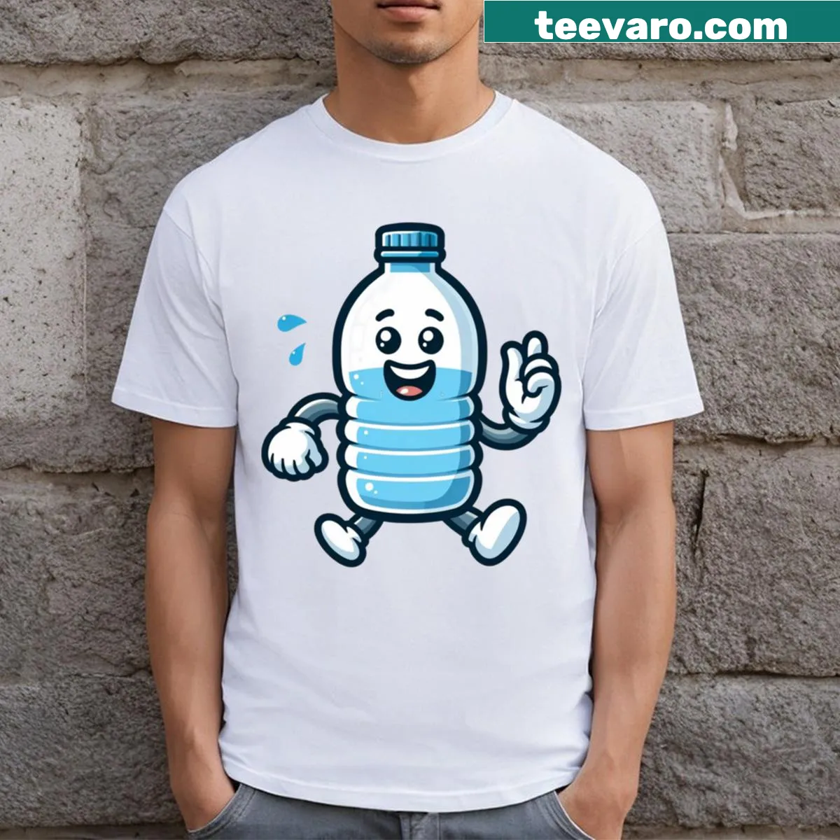 Cartoon illustration of a smiling mineral water bottle on a t-shirt — on a men's t-shirt