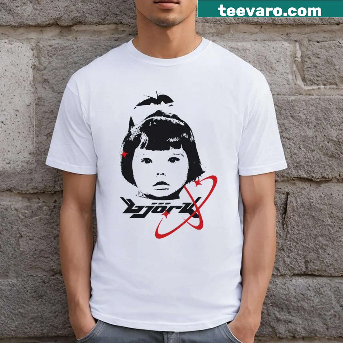 Minimalist t-shirt with line-art representation of Bjork — on a men's t-shirt