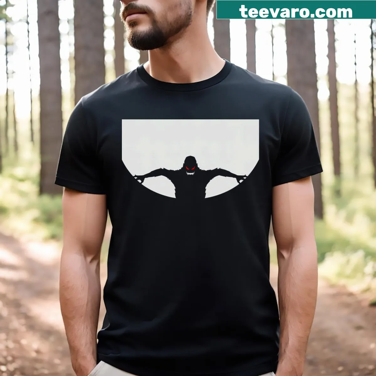 Minimalistic monster silhouette with glowing eyes on t-shirt — on a men's t-shirt
