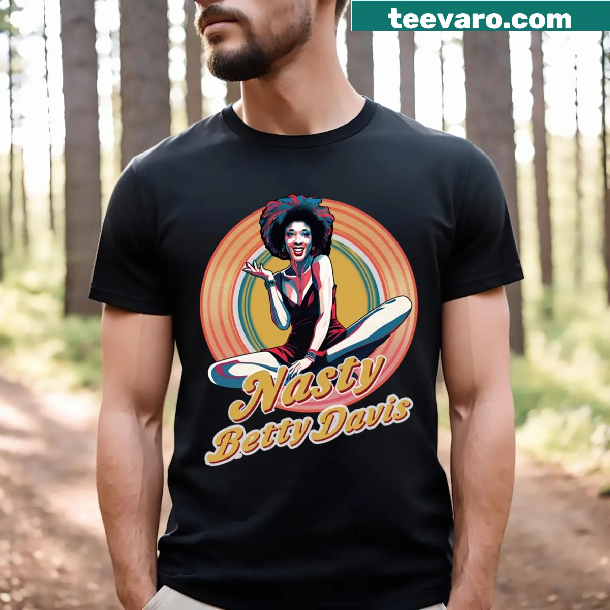 Illustrative tribute T-shirt celebrating Betty Davis's music legacy — on a men's t-shirt
