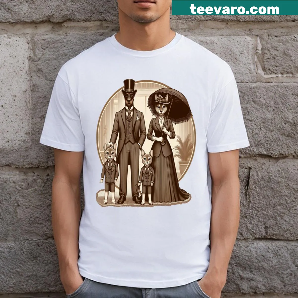 T-shirt featuring an illustrated Doberman family portrait — on a men's t-shirt