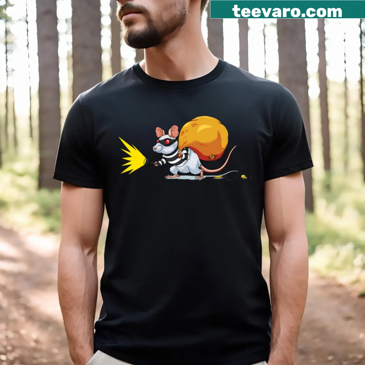 Illustrated T-shirt featuring a charming robber mouse graphic — on a men's t-shirt