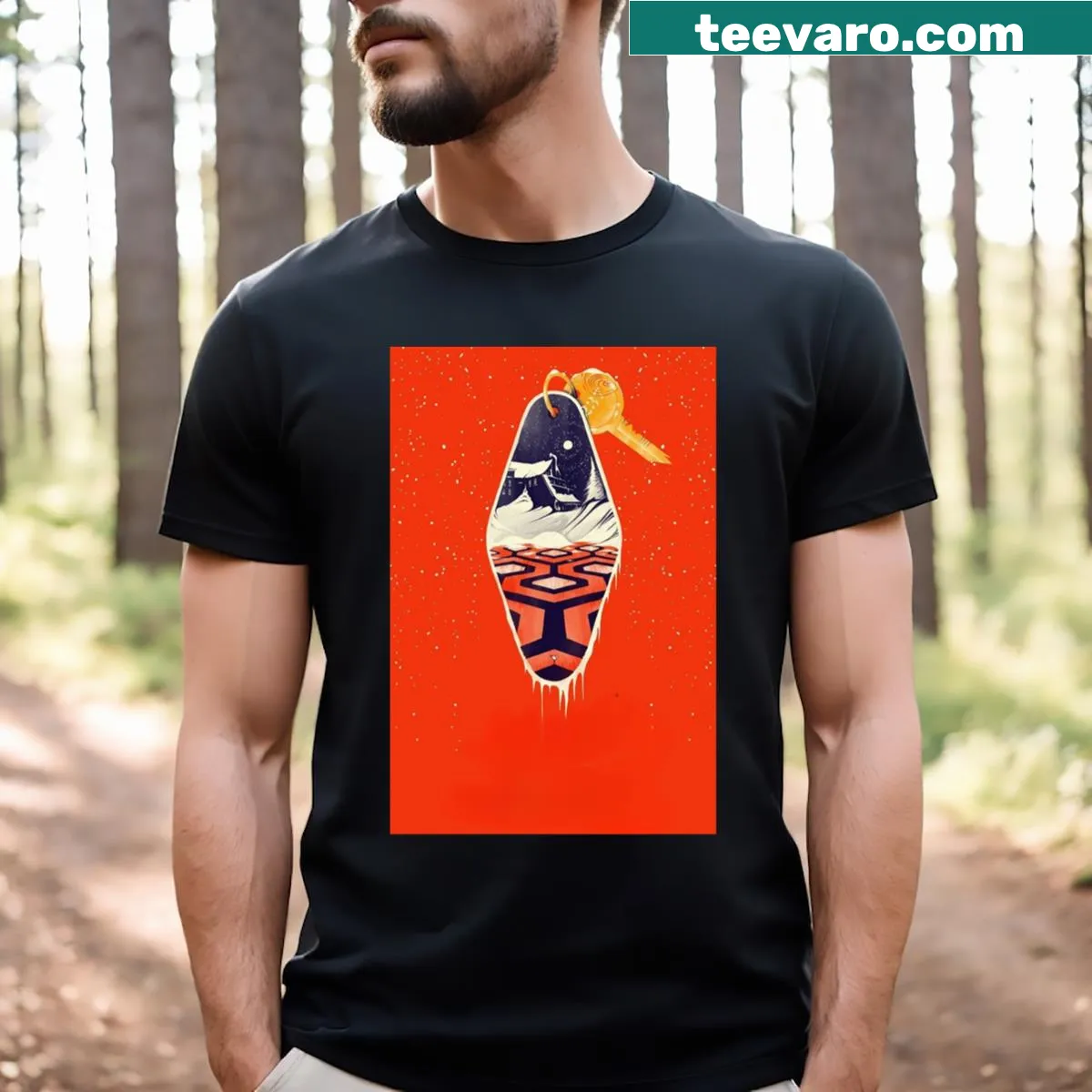 Graphic T-shirt featuring imagery from Room 237 horror film — on a men's t-shirt