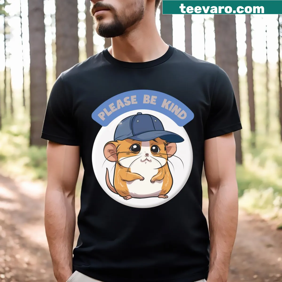 Humorous Sad Boy Hamster meme t-shirt with 'Please Be Nice' text — on a men's t-shirt