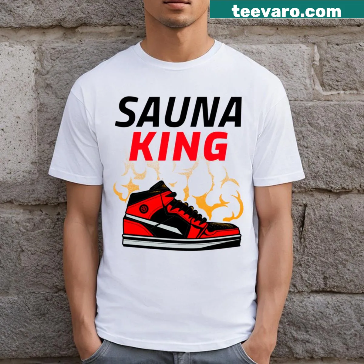 Fun graphic text design celebrating sauna relaxation on a t-shirt — on a men's t-shirt