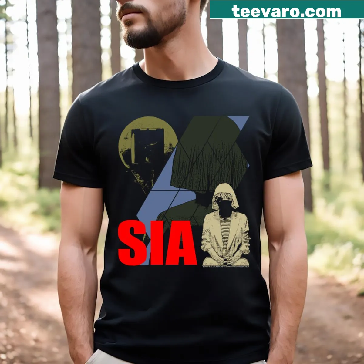 Bold typography t-shirt featuring Sia's name — on a men's t-shirt