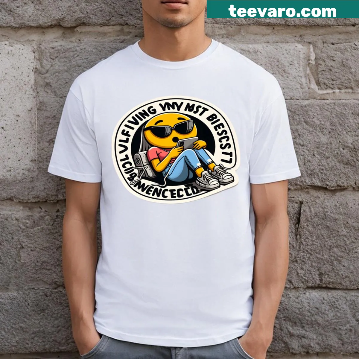 T-shirt featuring witty social commentary text — on a men's t-shirt