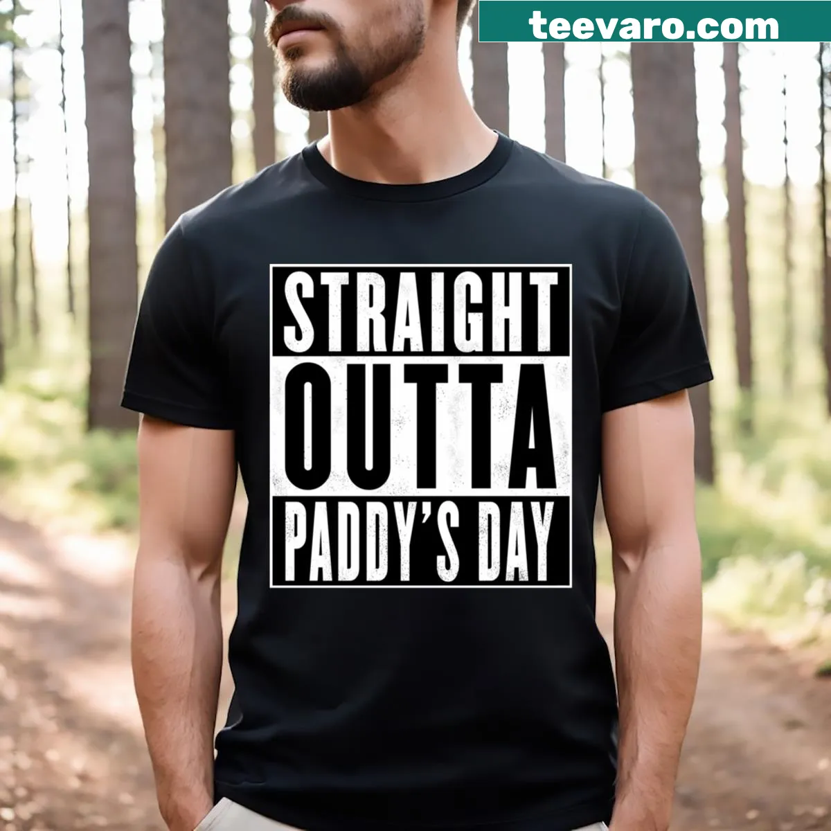 Playful St. Patrick's Day t-shirt with Straight Outta Paddys design — on a men's t-shirt