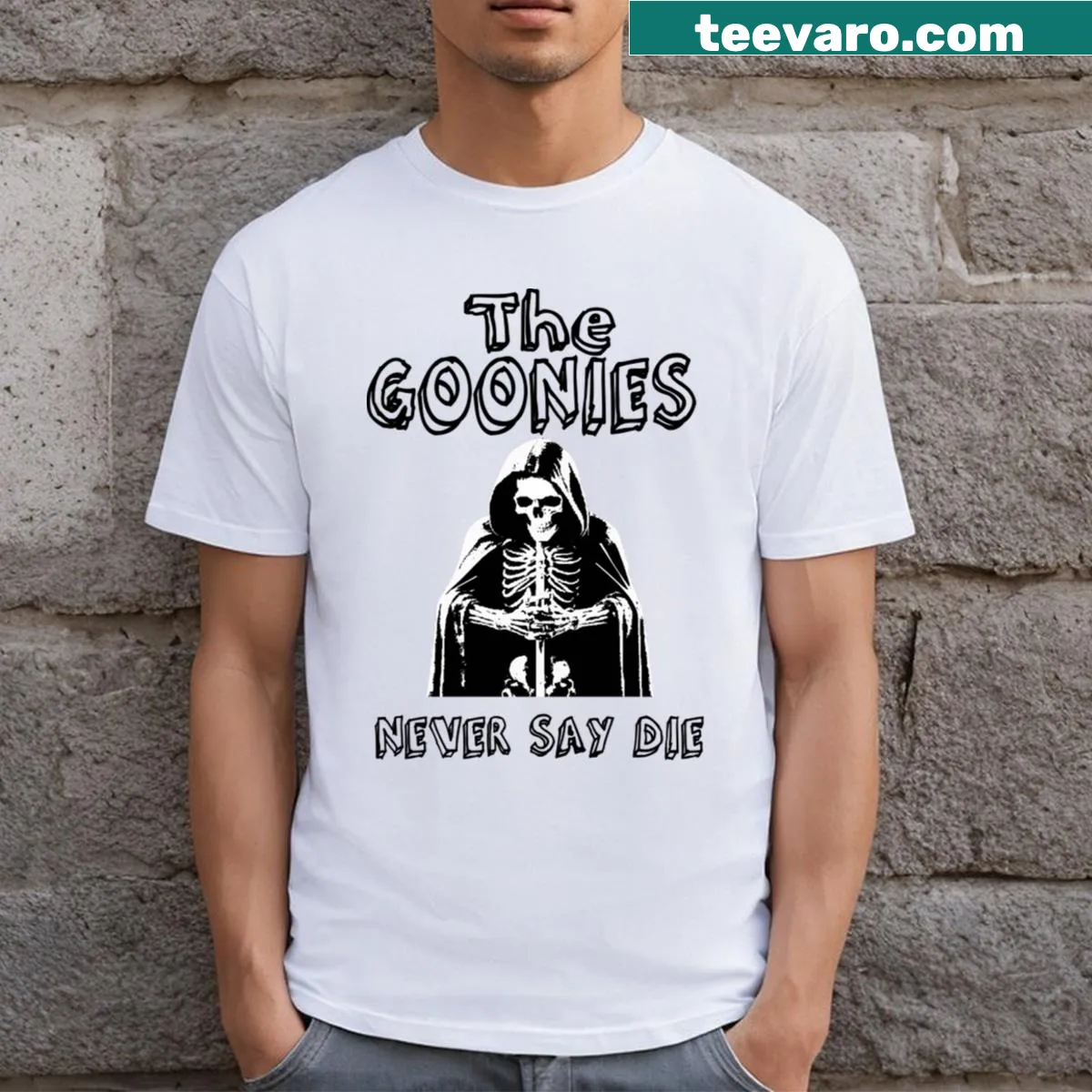 Nostalgic graphic celebrating friendship from The Goonies on a T-shirt — on a men's t-shirt