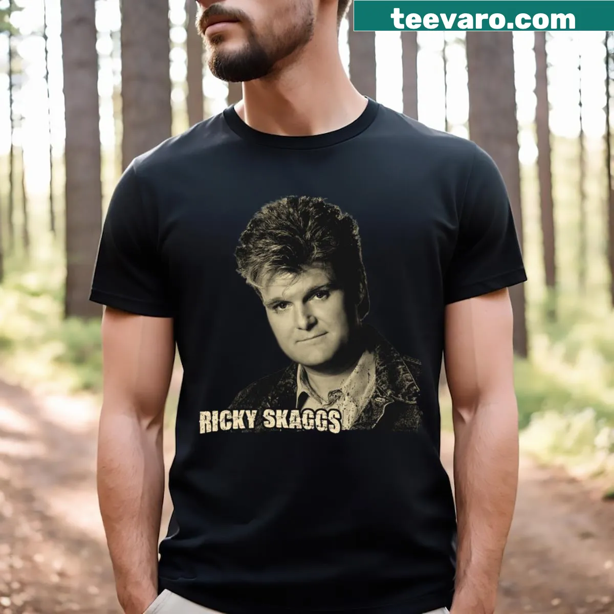 Artistic drawing of Ricky Skaggs on a music-themed shirt. — on a men's t-shirt