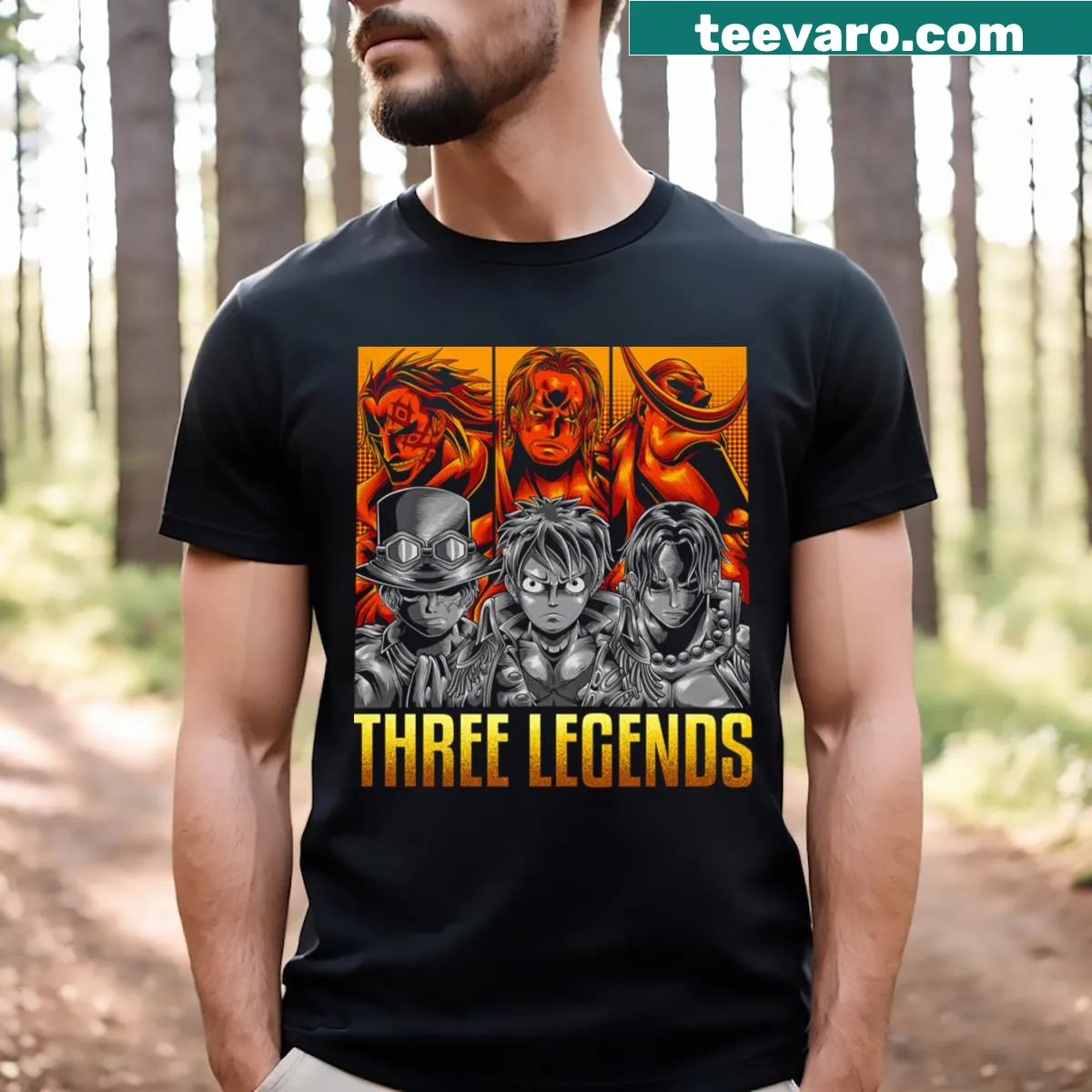 Artistic t-shirt with fanart of three legendary tree brothers — on a men's t-shirt
