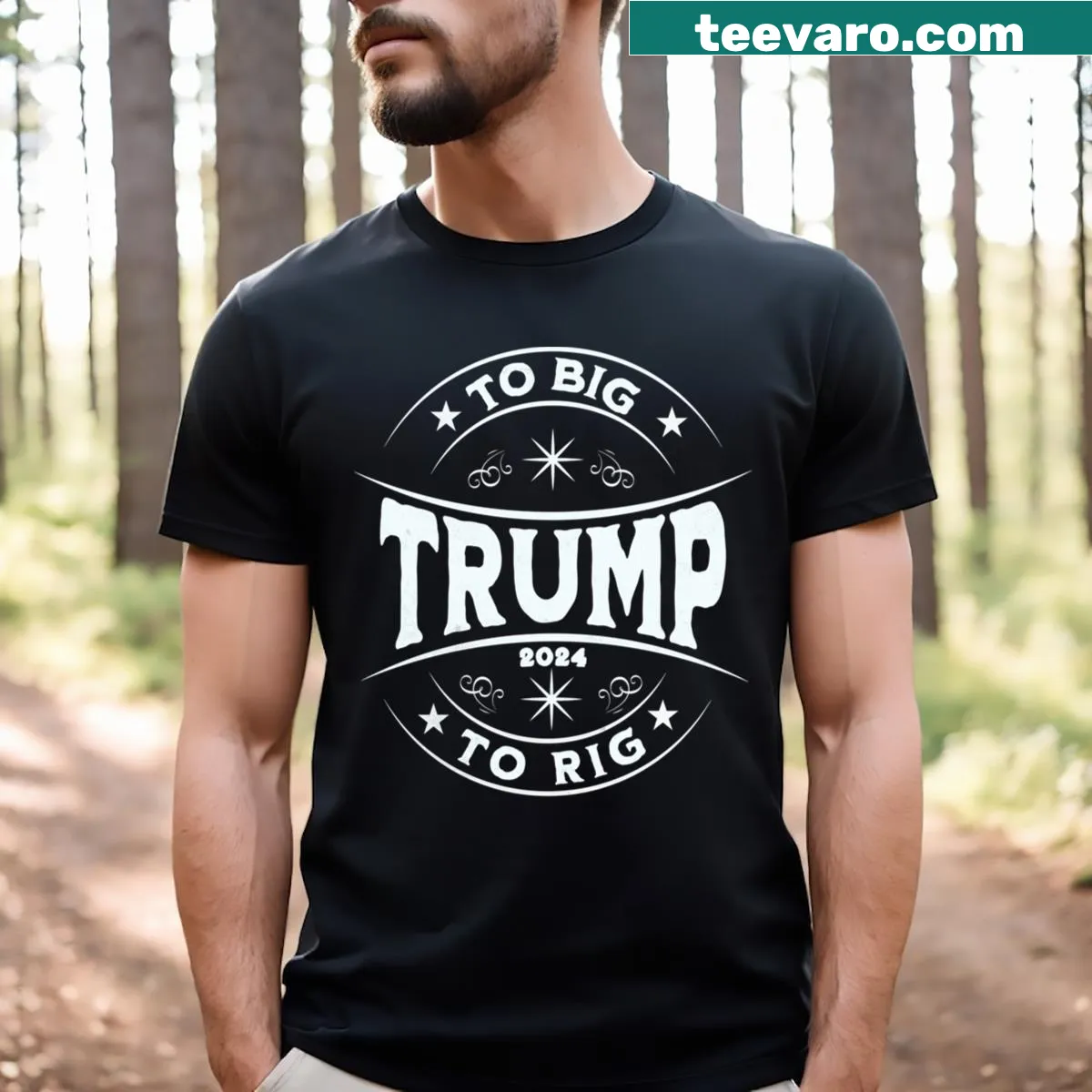 T-shirt with the phrase 'Too Big To Rig' in a bold font — on a men's t-shirt