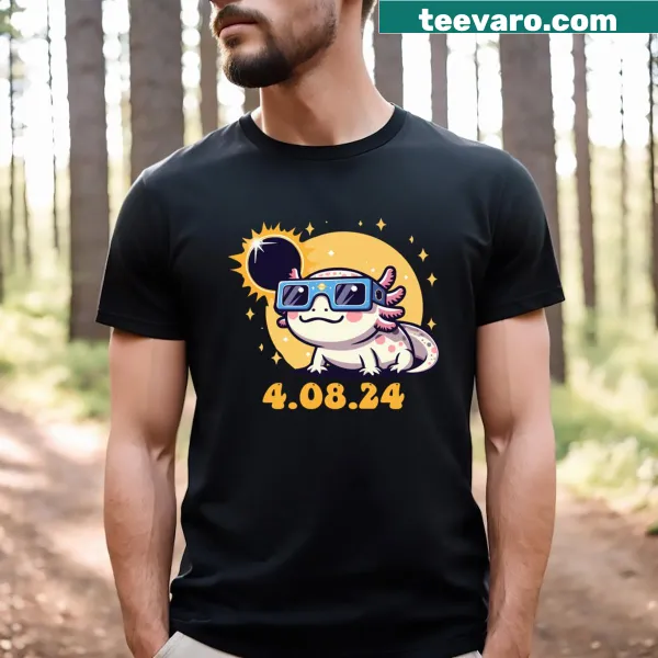 Funny illustration t-shirt of an axolotl during a solar eclipse.