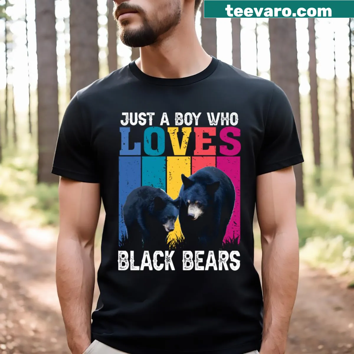 Black bear illustration with power-themed text on T-shirt — on a men's t-shirt