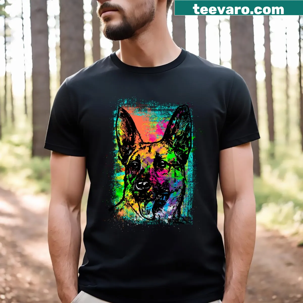 Watercolor art t-shirt featuring a German Shepherd dog — on a men's t-shirt