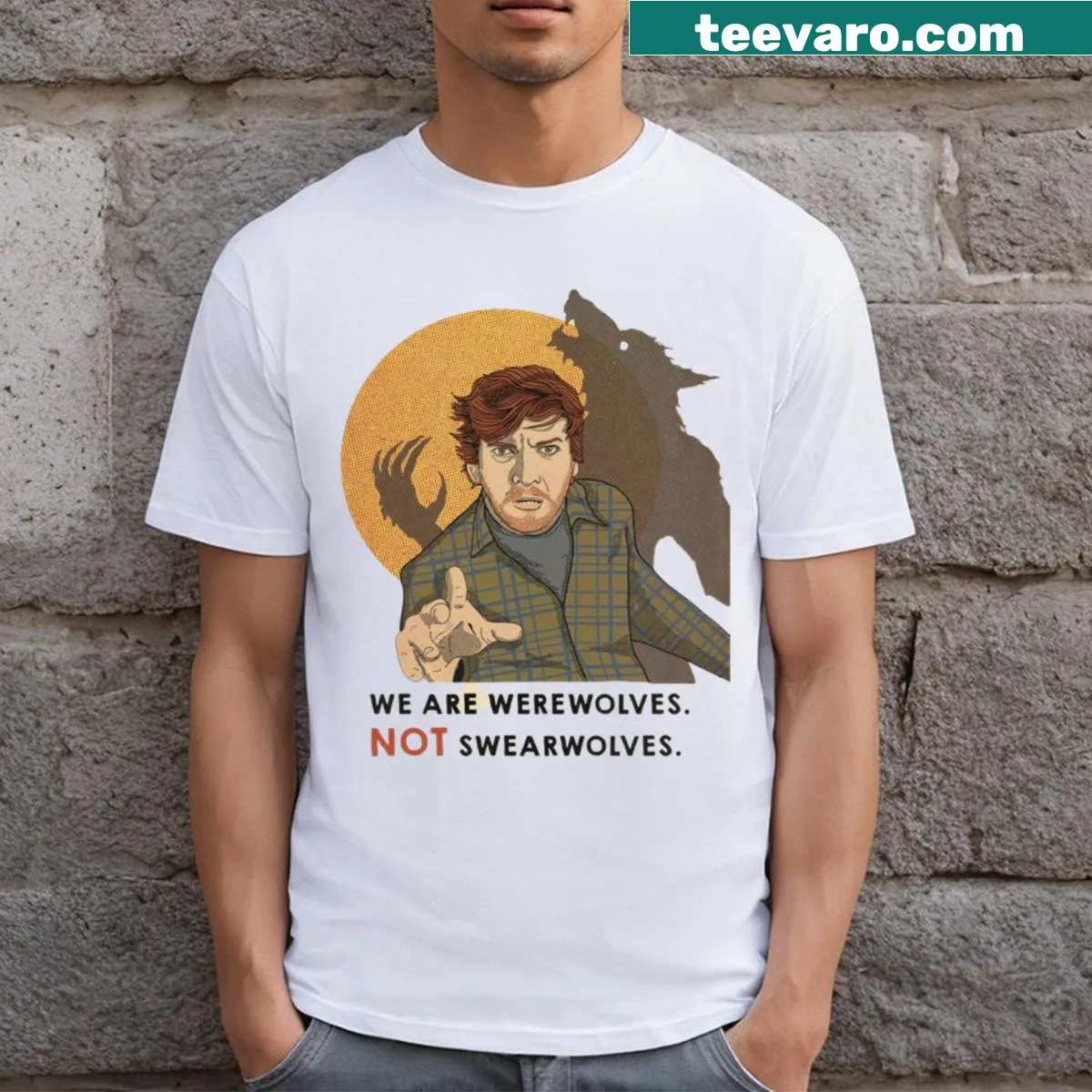 Funny goth t-shirt with 'Werewolves Not Swearwolves' text — on a men's t-shirt