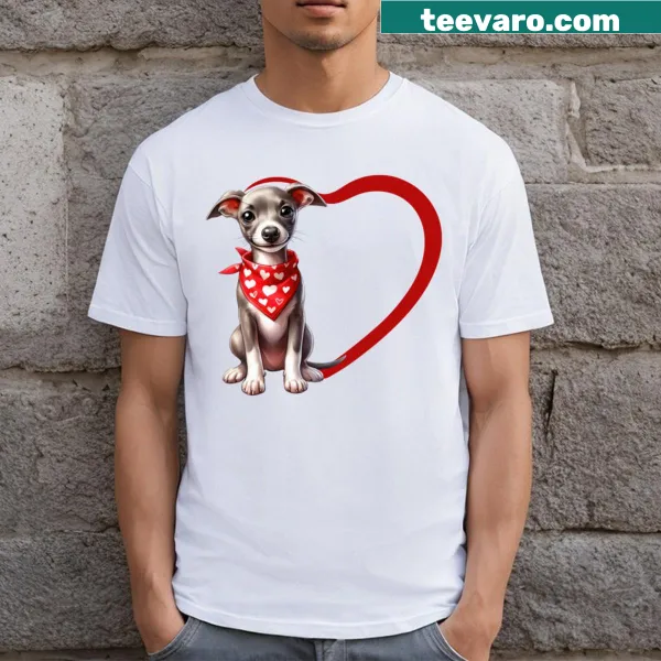 T-shirt featuring a Whippet dog illustration in a red heart