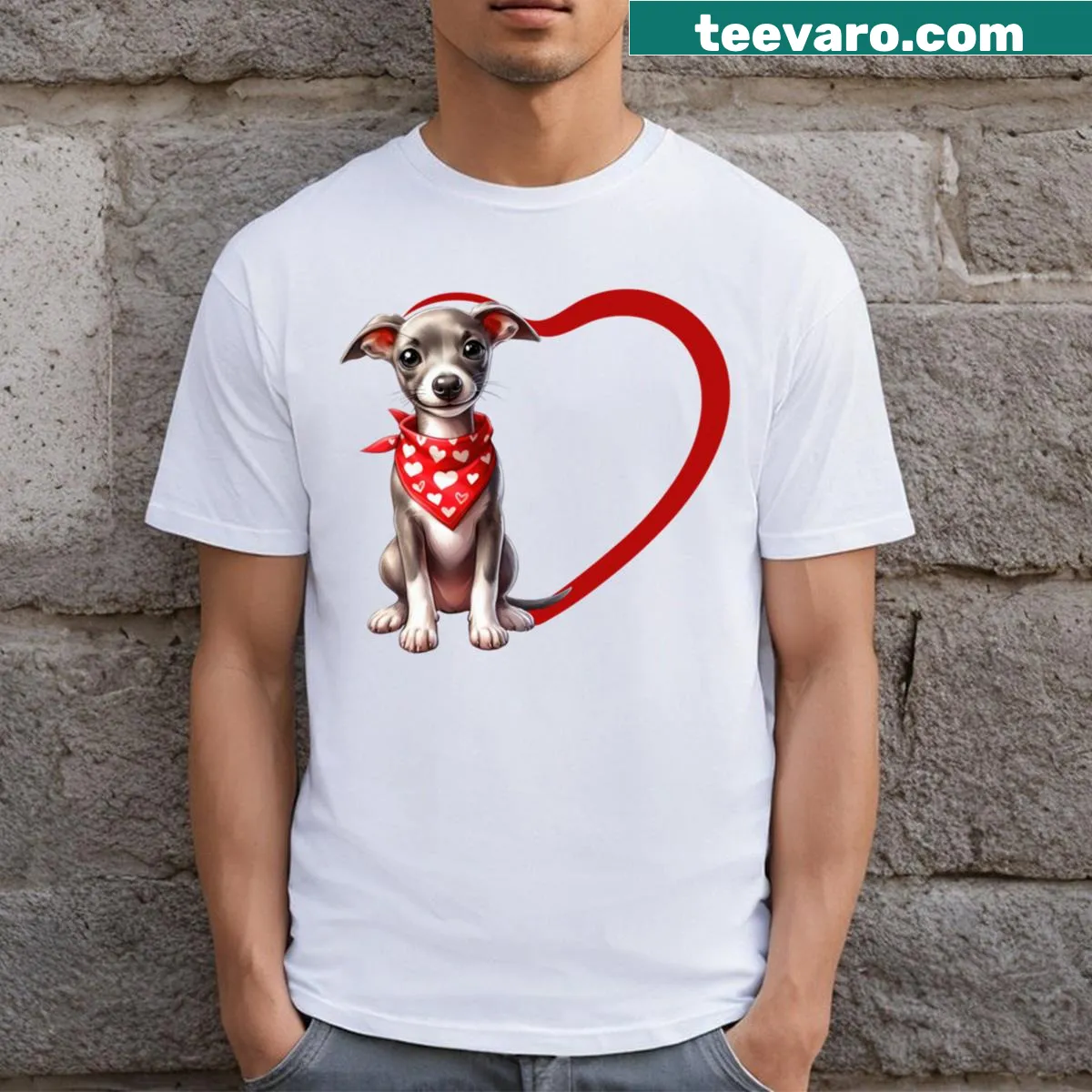 T-shirt featuring a Whippet dog illustration in a red heart — on a men's t-shirt