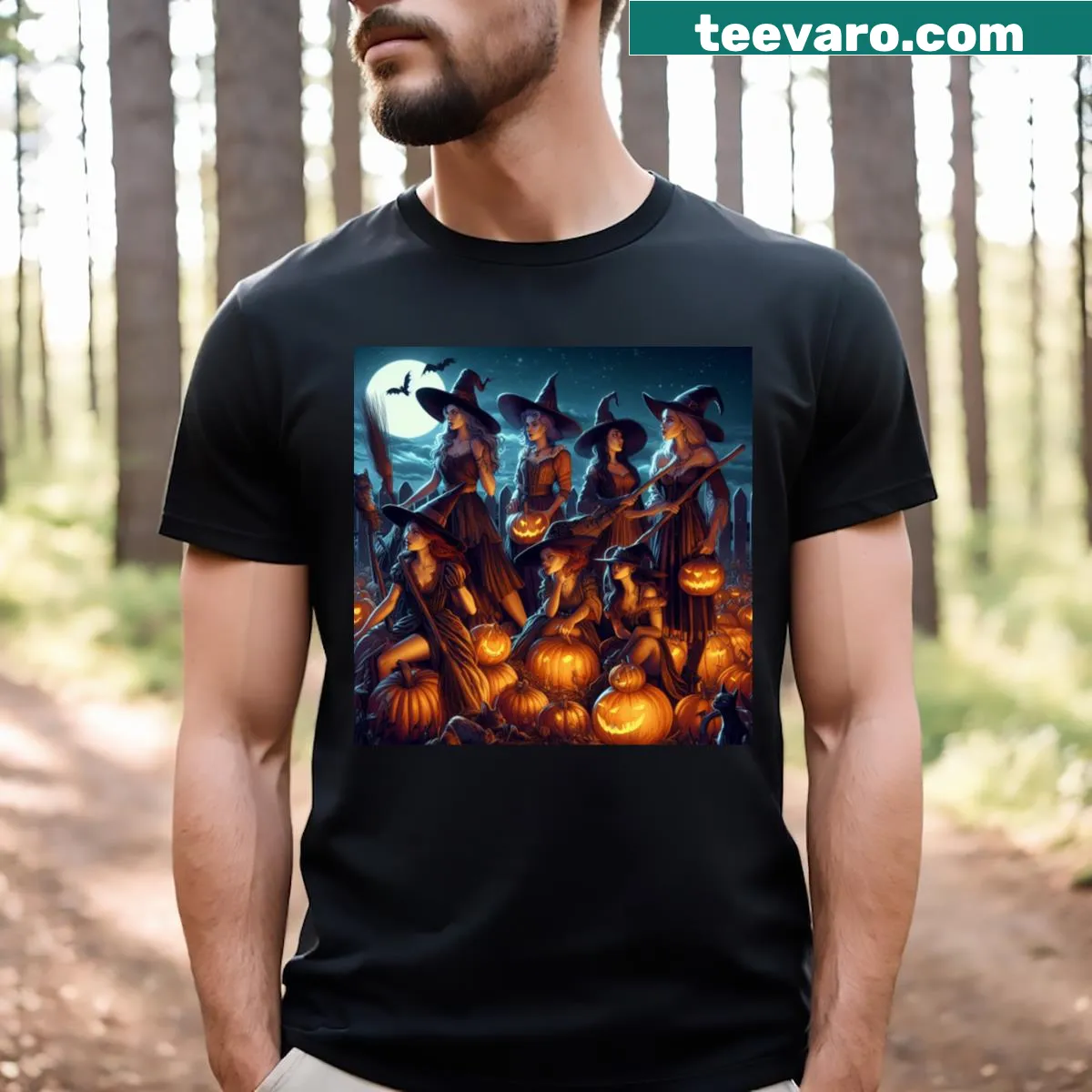 Playful Halloween design featuring witches and pumpkins on a T-shirt — on a men's t-shirt