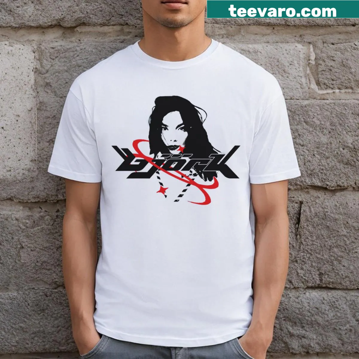 Hand-lettered Y2K style T-shirt with minimalist design. — on a men's t-shirt