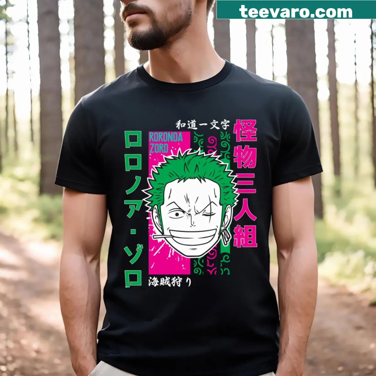 Zoro Face illustration T-shirt for anime fans — on a men's t-shirt
