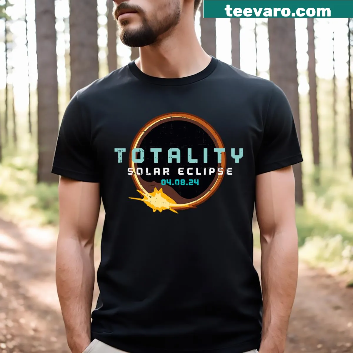 T-shirt depicting the solar eclipse totality on April 8, 2024 — on a men's t-shirt