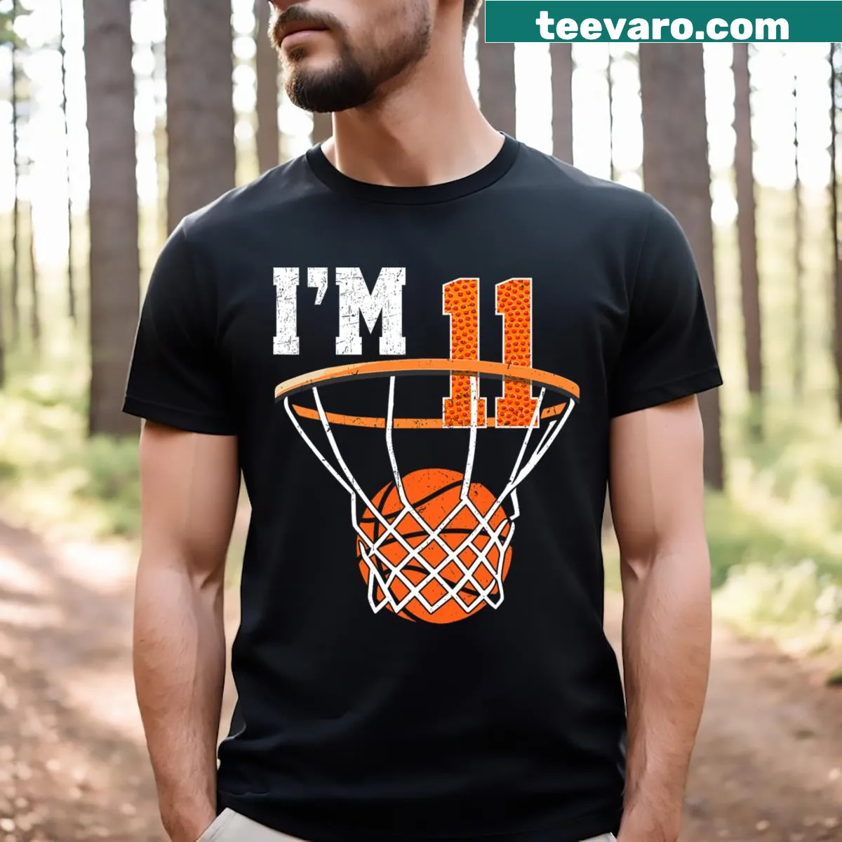 Basketball-themed t-shirt for boys celebrating their 11th birthday — on a men's t-shirt