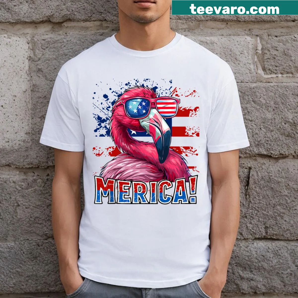 Playful flamingo in American flag design for 4th of July — on a men's t-shirt