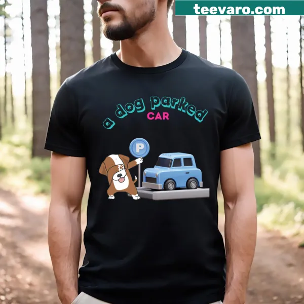 Funny cartoon T-shirt featuring a dog parking a car