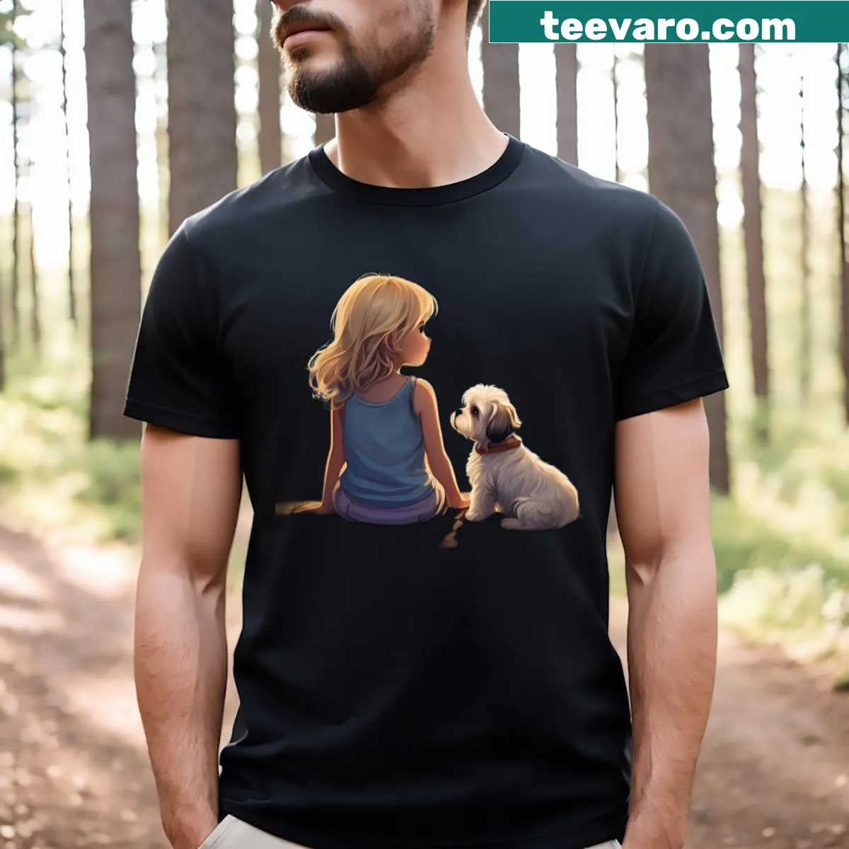Illustration of a blonde girl and her Shih Tzu puppy sitting together — on a men's t-shirt