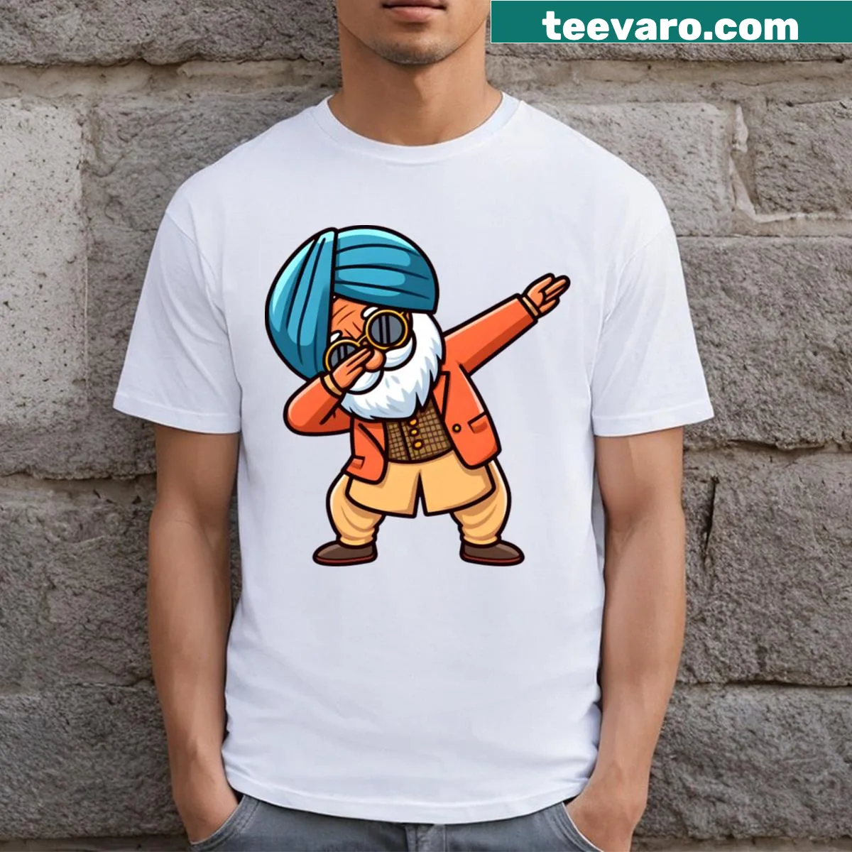 Cartoon T-shirt featuring a Punjabi old man dabbing — on a men's t-shirt