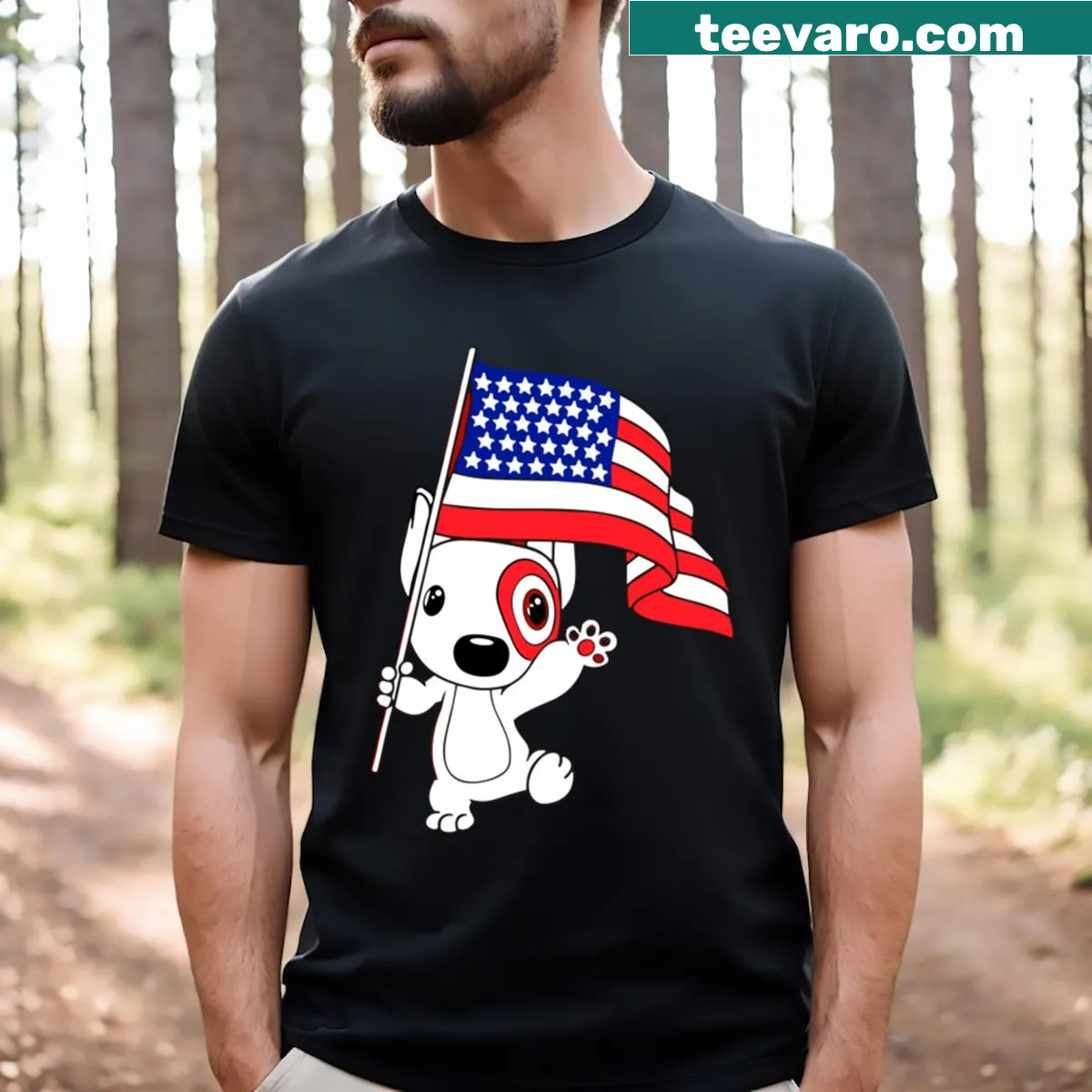 T-shirt featuring a patriotic bullseye and American flag design for dog lovers — on a men's t-shirt