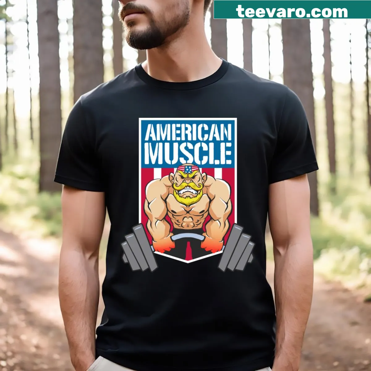 Bodybuilding T-shirt featuring a muscular man lifting weights — on a men's t-shirt