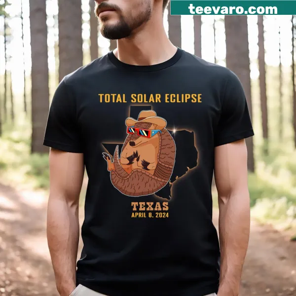 Cute T-shirt featuring an armadillo with glasses and a solar eclipse theme