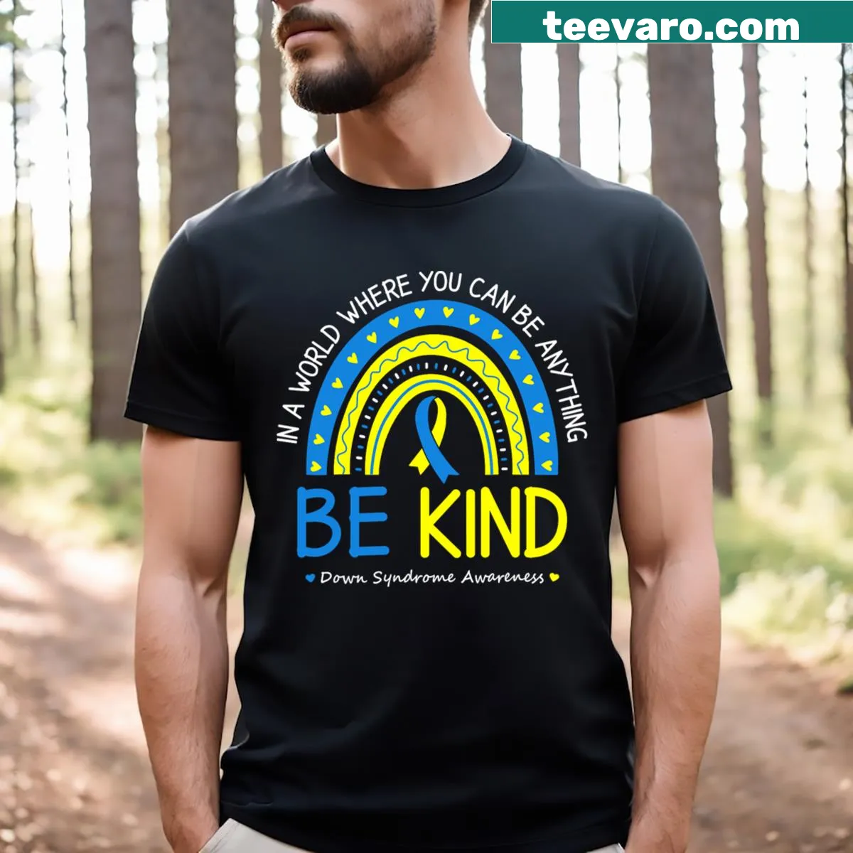 Rainbow and 'Be Kind' graphic t-shirt for awareness — on a men's t-shirt