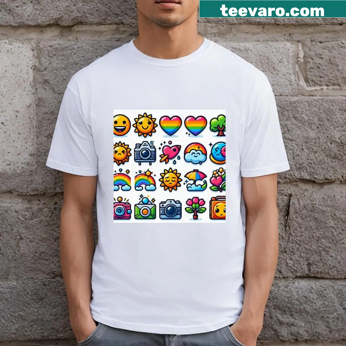 Colorful rainbow emoticons graphic long t-shirt — on a men's t-shirt