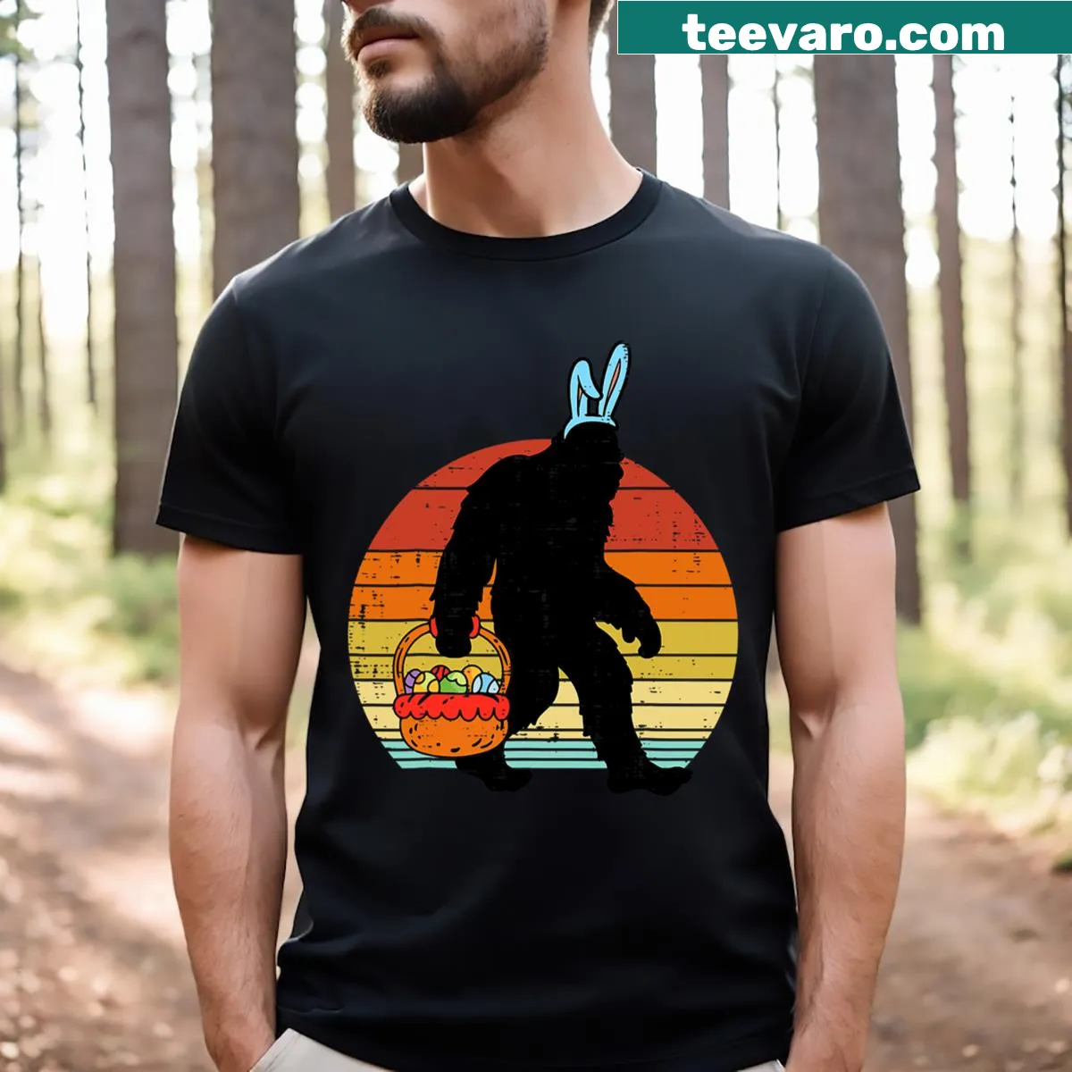 Retro T-shirt featuring Bigfoot with bunnies and Easter eggs — on a men's t-shirt