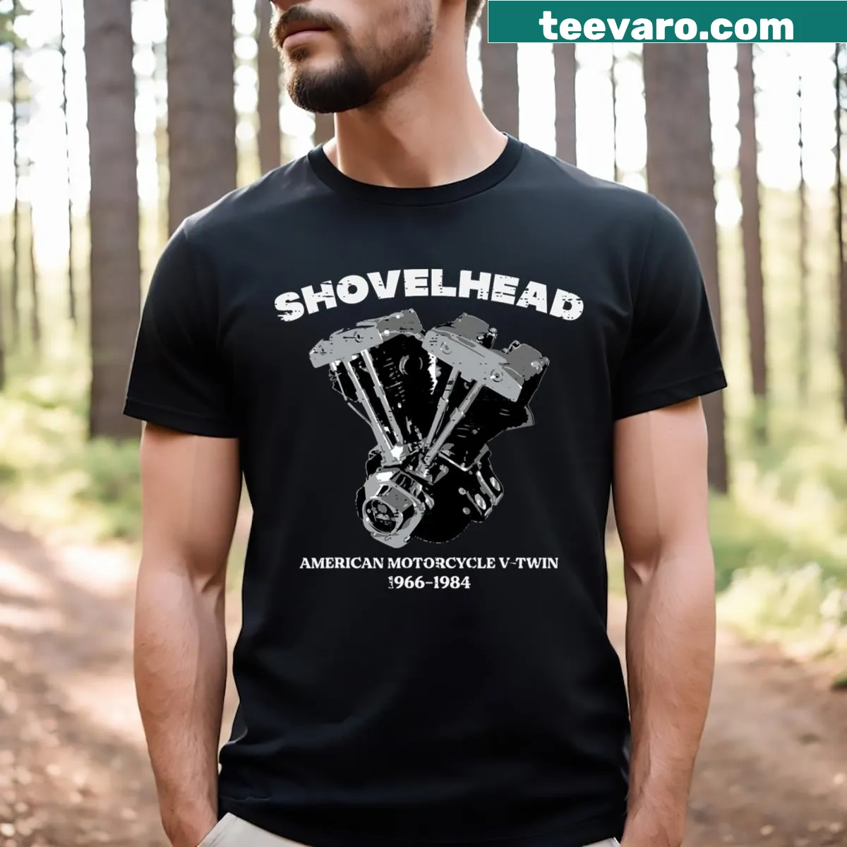 Vintage Shovelhead motorcycle engine graphic on T-shirt — on a men's t-shirt